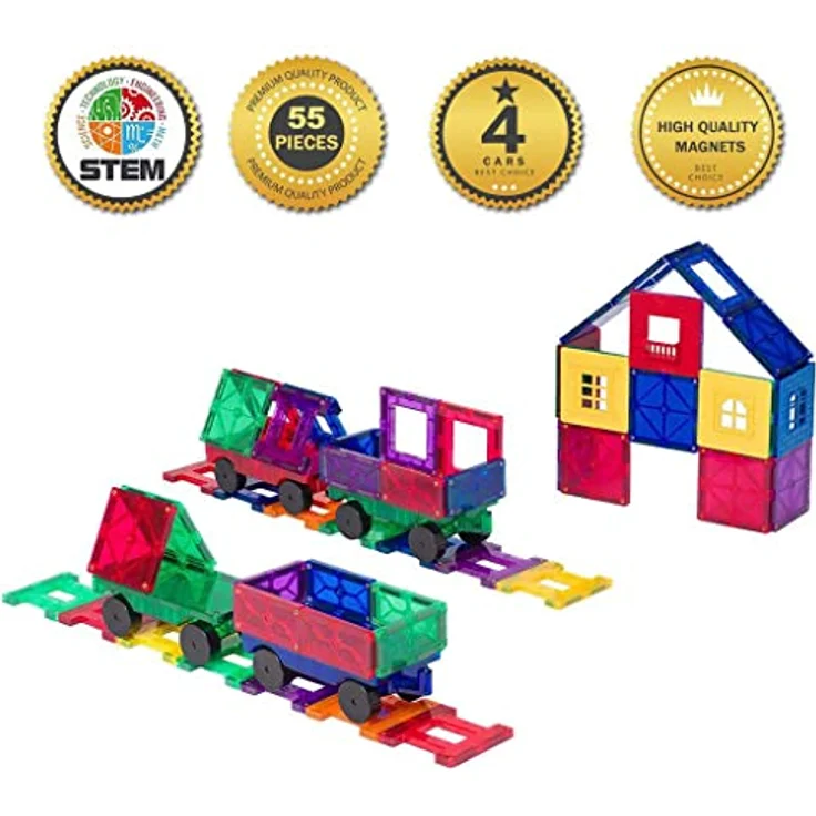 Playmags 3D Magnetische Blöcke Für Kinder - Magnetische Bausteine STEM Toys, Robuste, Super Haltbare Magnetfliesen Mit Lebendigen Klaren Farbfliesen Mit 4 Autos (50-Teiliges Set Mit 4 Autos) – Bild 2