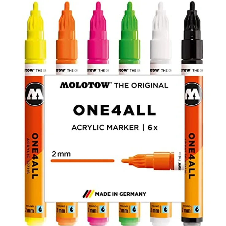 Molotow One4All 127HS Acryl Marker Neon-Set (2,0 mm Strichstärke, hochdeckend und permanent, UV-beständig, für fast alle Untergründe) 6 Stück sortiert