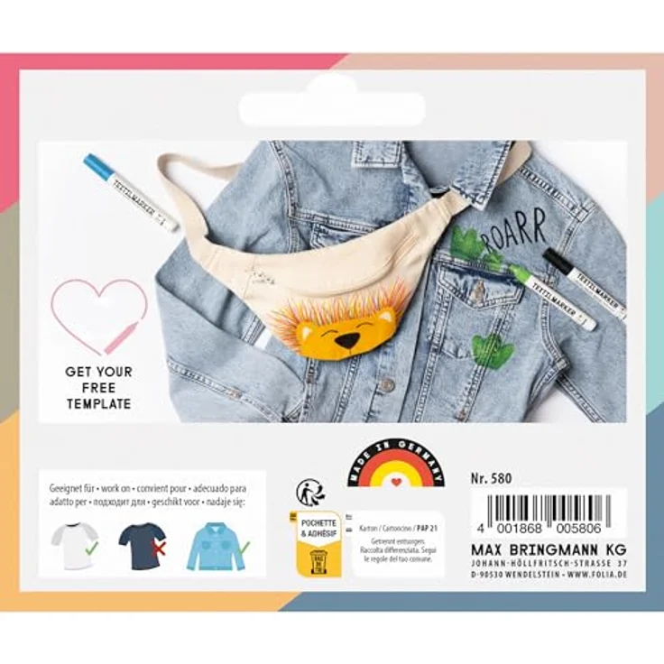 folia Basic Edition Textilmarker, 6 St. farbsortiert in gelb, pink, rot, dunkelblau, schwarz und dunkelgrün, wasserfest und lichtbeständig – Bild 2