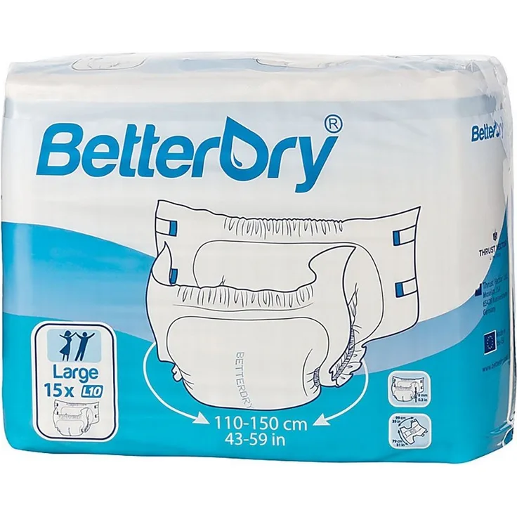 BetterDry Windeln L10 - Large (110-150 cm) Karton, 60-St., mit Folie, saugstark für die Nacht