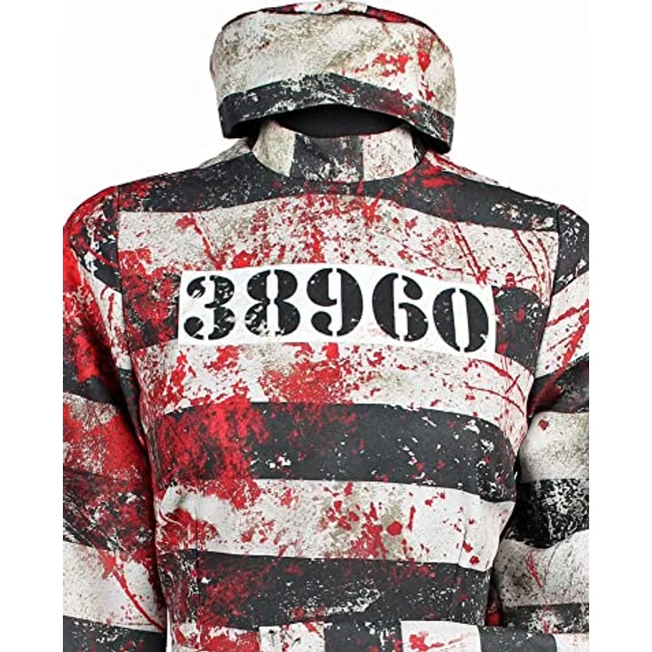 Thetru Halloween Kostüm Bloody Prisoner, Blutiges Sträflingskostüm mit Kleid und Mütze für Damen, figurnahe Form mit ausgestelltem Rock, Größe L – Bild 2