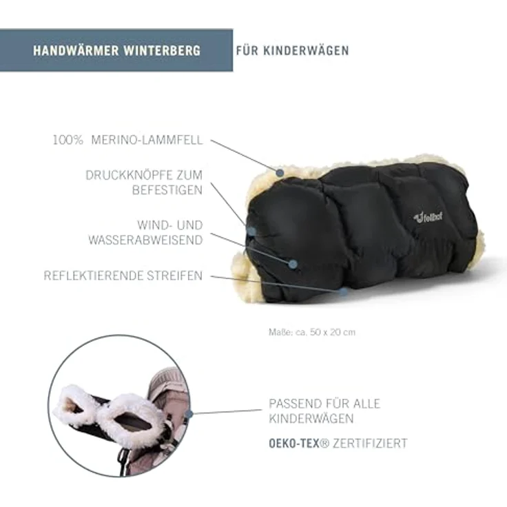 Fellhof® Kinderwagen Handwärmer Winterberg, 100% Merino-Lammfell, wind- und wasserabweisend, reflektierende Streifen, OEKO-TEX® zertifiziert, Universalgröße für alle Kinderwagen, schwarz – Bild 2
