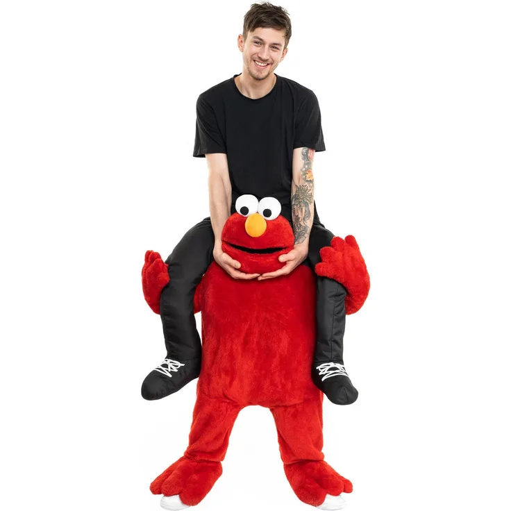 Maskworld Die Sesamstrasse – Elmo Huckepack Kostüm, knallrotes Hosenkostüm mit ausgeformten Füßen und gepolstertem Elmo-Kopf, Einheitsgröße M/L