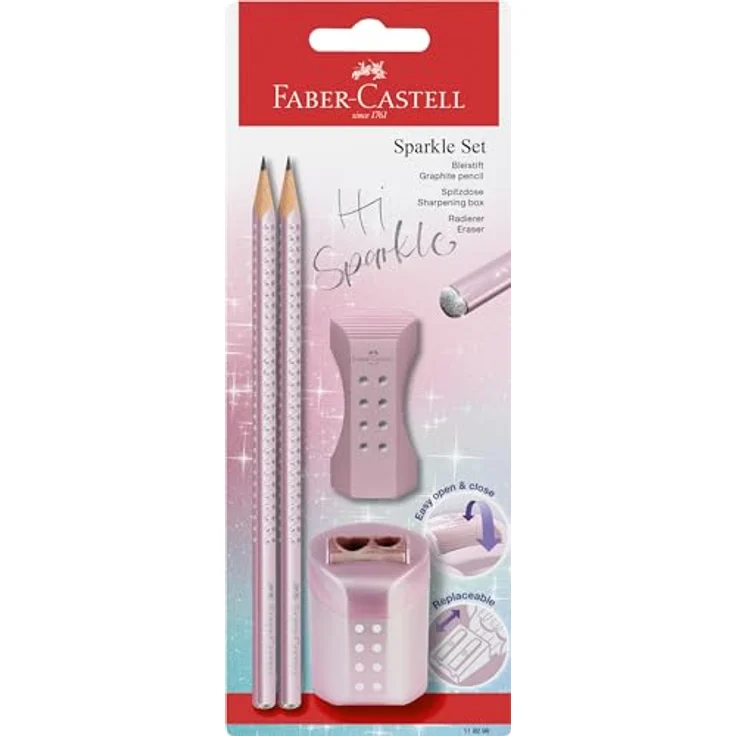 Faber-Castell 118298 Bleistifte Set Sparkle, mit Spitzer, Radiergummi und 2 Bleistifte, Schreibset rose metallic, ergonomische Dreikantform und bruchgeschützte Mine – Bild 1