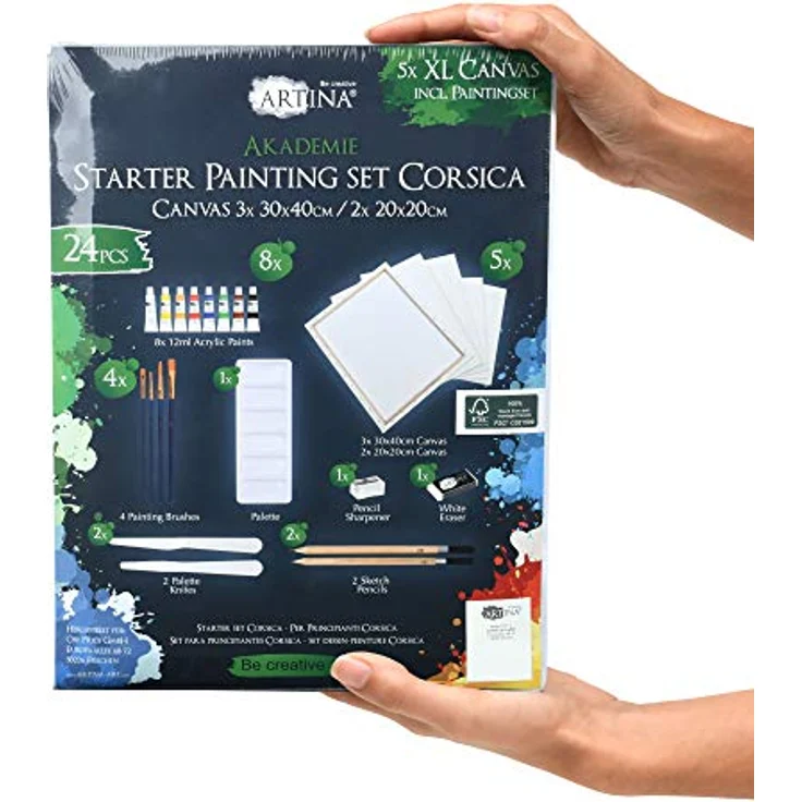Artina Kreativset Corsica, 24tlg Zeichen- & Acrylmalset mit 5 Leinwänden, 8 Acrylfarben und Pinselzubehör – Bild 3