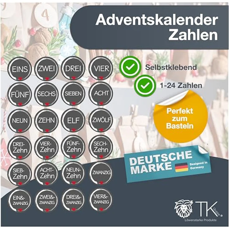 TK Gruppe Timo Klingler Weihnachtswunder® Adventskalender Aufkleber Sticker Zahlen Buttons 1-24 DIY Kraftpapiertüten (Edition 1) - Selbstklebend & hochwertig hergestellt – Bild 2