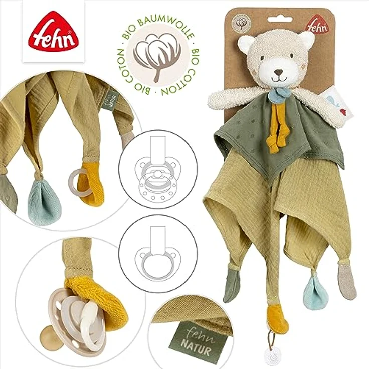 Fehn Schmusetuch Bär fehnNATUR – Spielkamerad & Stofftier-Schnuffeltuch mit Baumwolle aus kontrolliert biologischem Anbau (KBA) mit Schnuller-Befestigung – für Babys & Kleinkinder ab 0+ Monaten – Bild 4