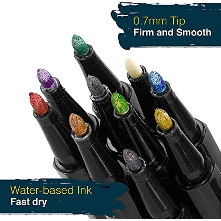 Artina 10 Metallic Marker Set Markilo ME – 0.7 mm Spitze – Wasserfeste Glitzer Filzstifte Bunte Fineliner Leuchtende Farben Permanente Metallic Marker Schimmernde Mal Stifte für Gästebuch & Karten – Bild 4