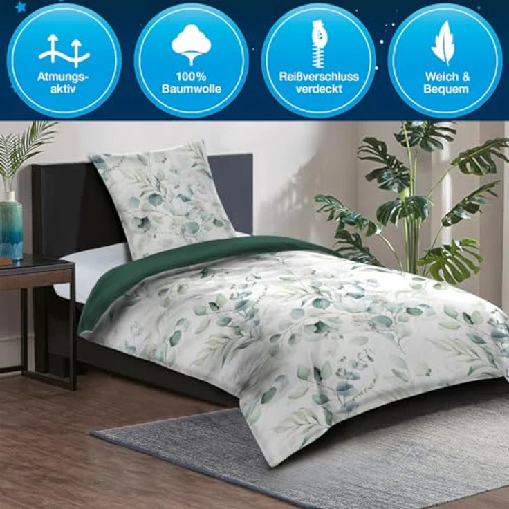 Sanilo® Bettwäsche 135x200 cm, 100% feinste Baumwolle, Oeko-TEX Zertifiziert (Eukalyptus, Wendebettwäsche) – Bild 4