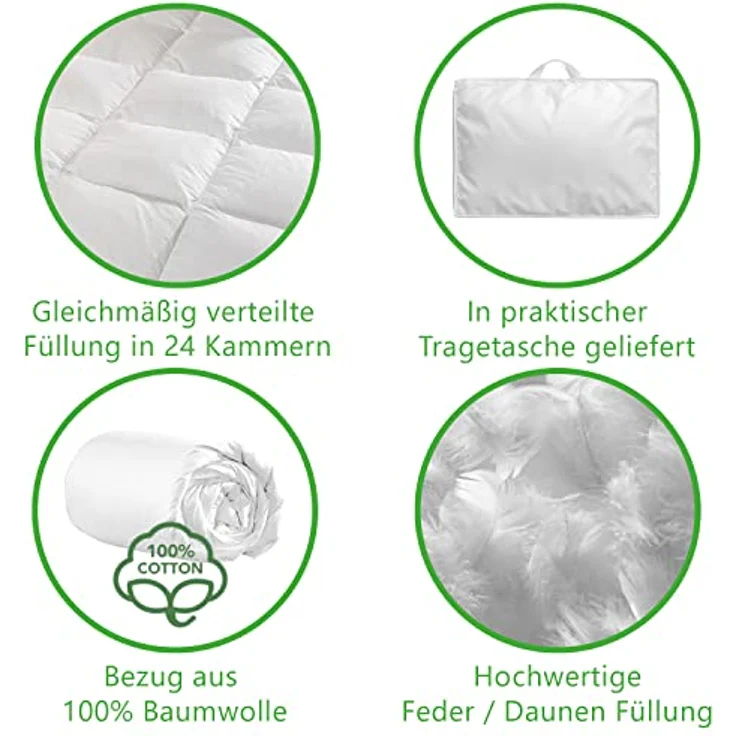 DILUMA Bettenset 4-teilig Comfort - 2X Bettdecke 135x200 cm 1000g Füllung 90% Federn 10% Daunen - 2X Kopfkissen 80x80 cm 100% Federn - Bettdeckenset mit ÖkoTex 100, Downpass – Bild 4