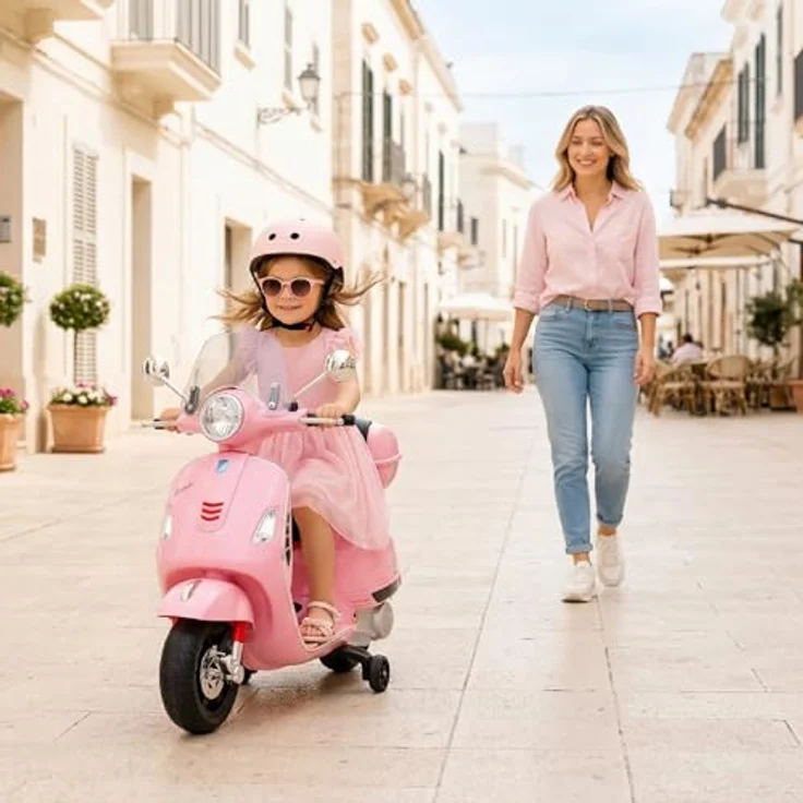 Sun Baby Elektrischer Kinderroller Vespa Maxi, 12V Elektrofahrzeug mit MP3, Kofferraum und Licht, rosa – Bild 7