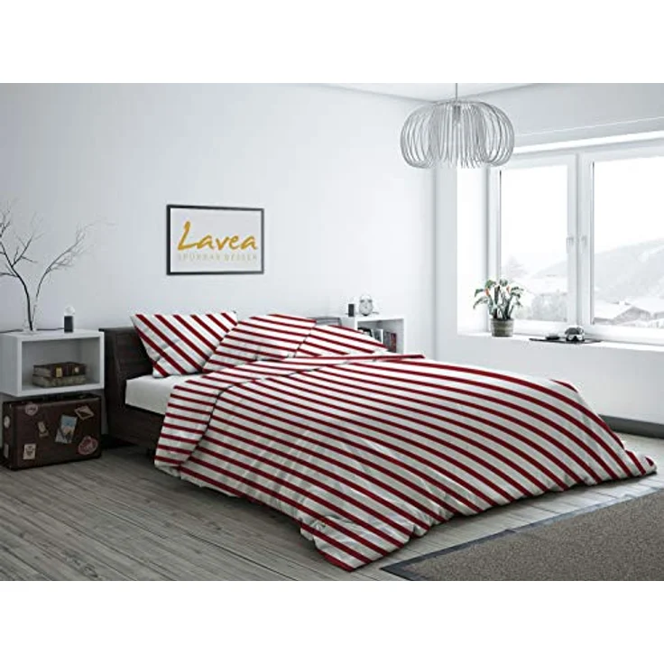 Lavea Bettwäsche Set - Viola 135 x 200cm + 80 x 80cm. Design: Breite Streifen - Farbe: Rot 100% Baumwolle. Hochwertig mit Reißverschluss. GOTS/Bio Zertifiziert. – Bild 2