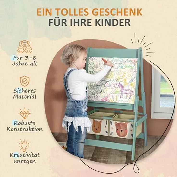 AIYAPLAY 3 in 1 Kinder Staffelei, Doppelseitig mit Tafel und Whiteboard, Grün, 54 x 46,5 x 93 cm, inkl. Aufbewahrungskörben für Kunstutensilien – Bild 5