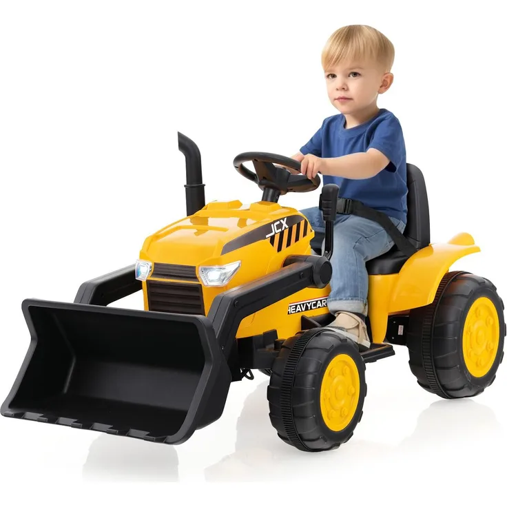 Dreamade 12V Kinder Elektroauto mit verstellbarer Grabschaufel, fahrbarer Kinderbagger, Musik, Hupen, USB, Fernbedienung, gelb