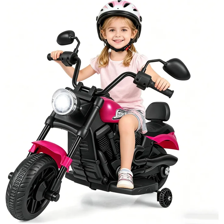 KOMFOTTEU 6V Kindermotorrad, Elektromotorrad mit Musik und LED-Scheinwerfer, 2 Stützräder, bis 30 kg belastbar, für Kinder ab 3 Jahren