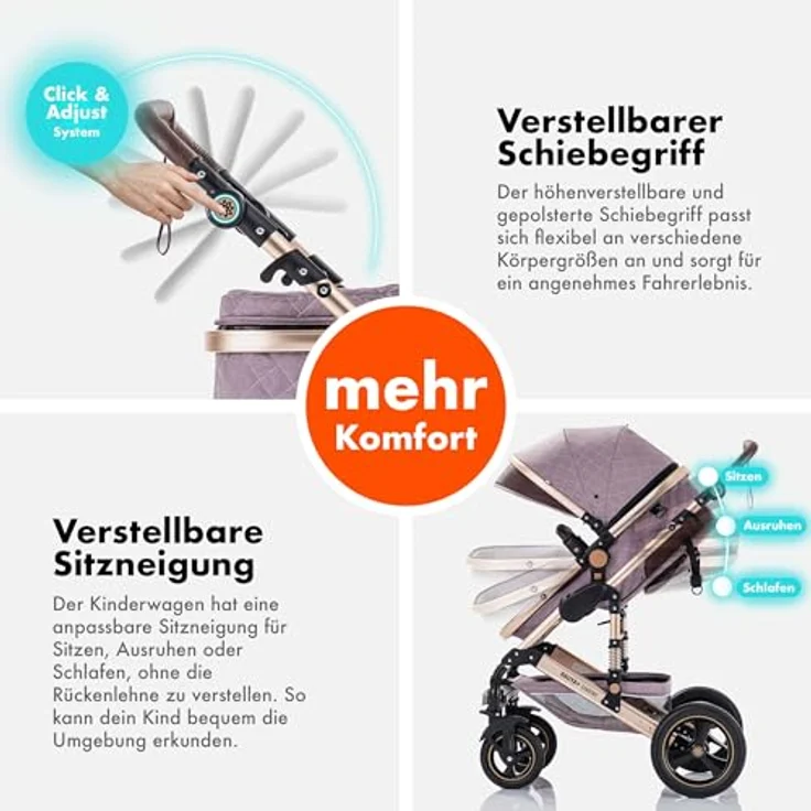 Daliya® BAMBIMO 2in1 Kinderwagen & Buggy, mit Babywanne und Sportsitzfunktion, rose, Aluminiumgestell, UV-Schutz 50+, pannensichere Airless-Räder – Bild 5