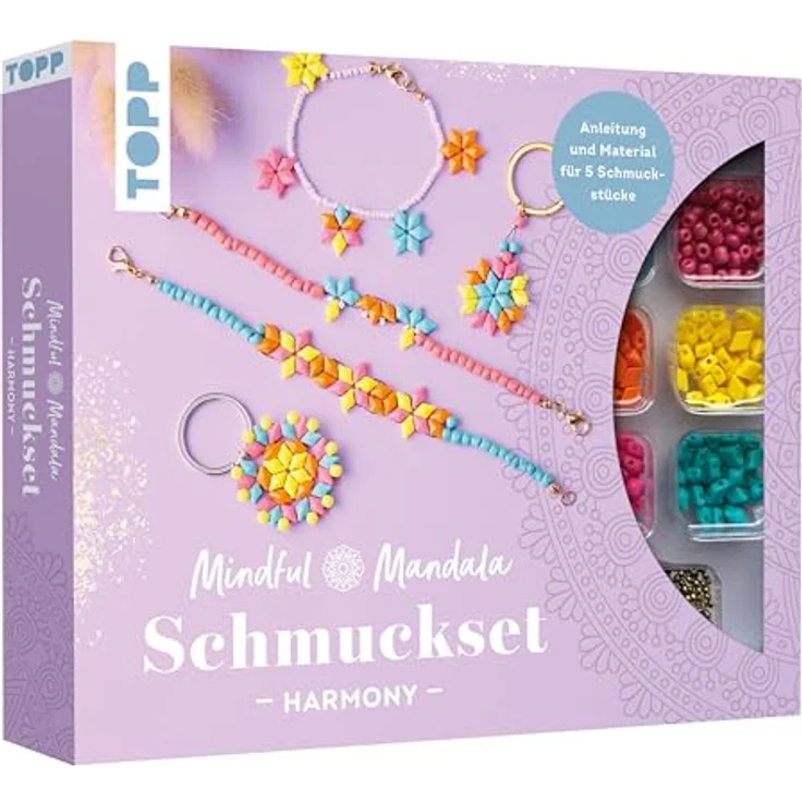 Frech Verlag Bastelperlen Mindful Mandala Schmuckset - Harmony, 120 Rautenperlen in Pink, Gelb, Blau und Orange, für Armbänder und Schlüsselanhänger – Bild 1