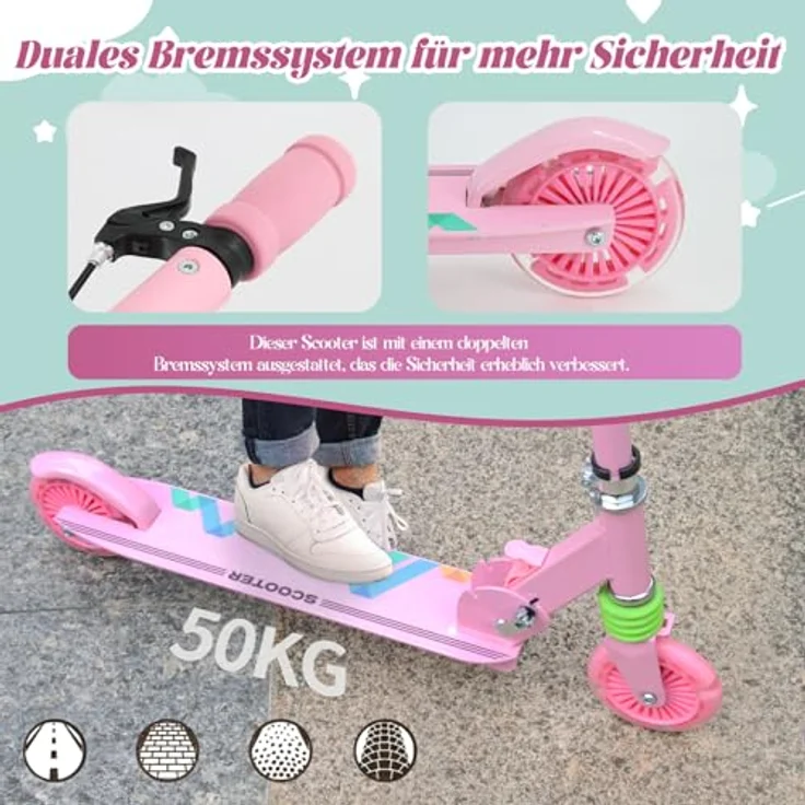 TENBOOM Kinder Scooter Roller mit Hinterradbremse, LED-Leuchtrad, höhenverstellbar und klappbar, für Kinder ab 3 Jahren, stoßdämpfend und belastbar bis 50 kg – Bild 3