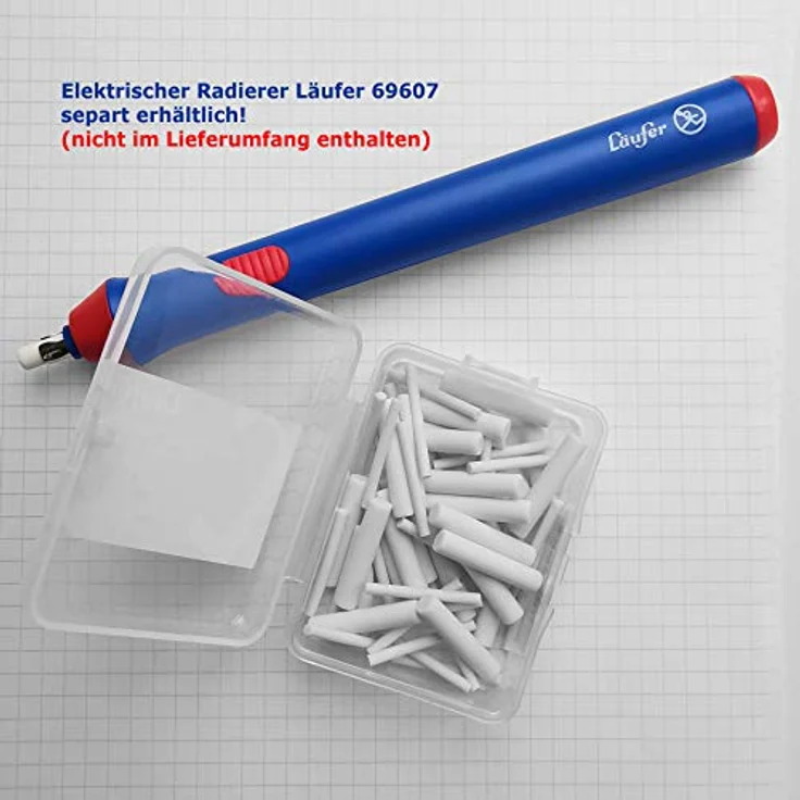 Läufer 69608 Ersatzradierer in 2 Größen für Elektrischer Radiergummi, 25 Stück Ø 2,3 mm und 25 Stück Ø 5 mm, wiederverschließbare Box, für batteriebetriebenen Läufer Radierstift – Bild 3