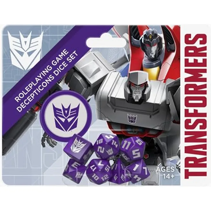 Renegade Game Studios Transformers RPG Decepticon-Würfel-Set, 8-teilig, violett, inklusive 2d20, d12, d10, d8, d6, d4 und d2-Münze, geeignet für Essence20 Rollenspielsystem