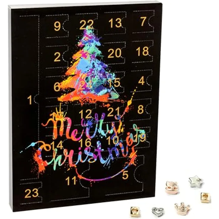 VALIOSA Merry Christmas Mode-Schmuck Adventskalender, schwarz, 24-teilig (1 Set) - mit 1 Kette, 3 Armbänder, 20 Charms, das besondere Geschenk für Mädchen, Frauen & Beste Freundin