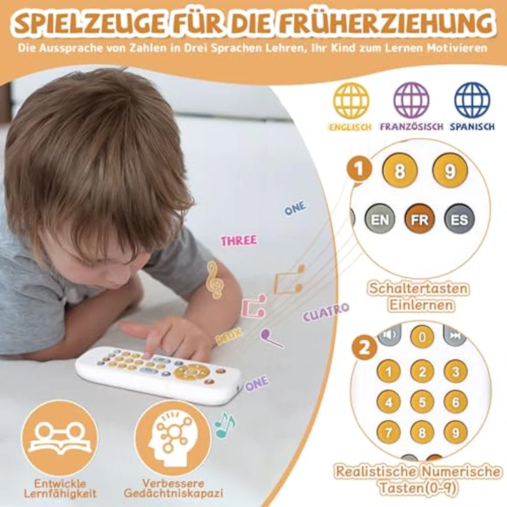 Orzbow Baby Spielzeug, Einstellbare Lautstärke Fernbedienung mit Musik und Klangeffekten, Montessori Lernspielzeug, Weiß – Bild 2