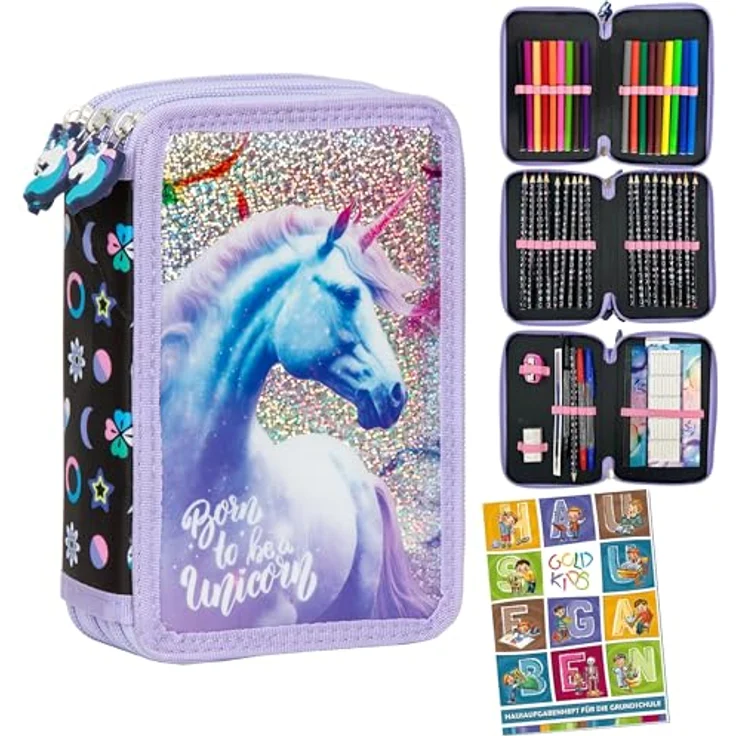 Goldkids Federmäppchen 3 Fächer, gefüllte Schüleretui 44-teilig mit Einhorn-Motiv, robust und funktional, inklusive Filzstifte, Buntstifte, Kugelschreiber und mehr – Bild 1