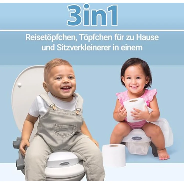 Zamboo Tragbare Baby Toilette 3in1, Reisetöpfchen & faltbarer Toilettensitz für Kinder ab 15 Monaten, mobil und hygienisch mit Einweg-Plastiktüten, Grau – Bild 2