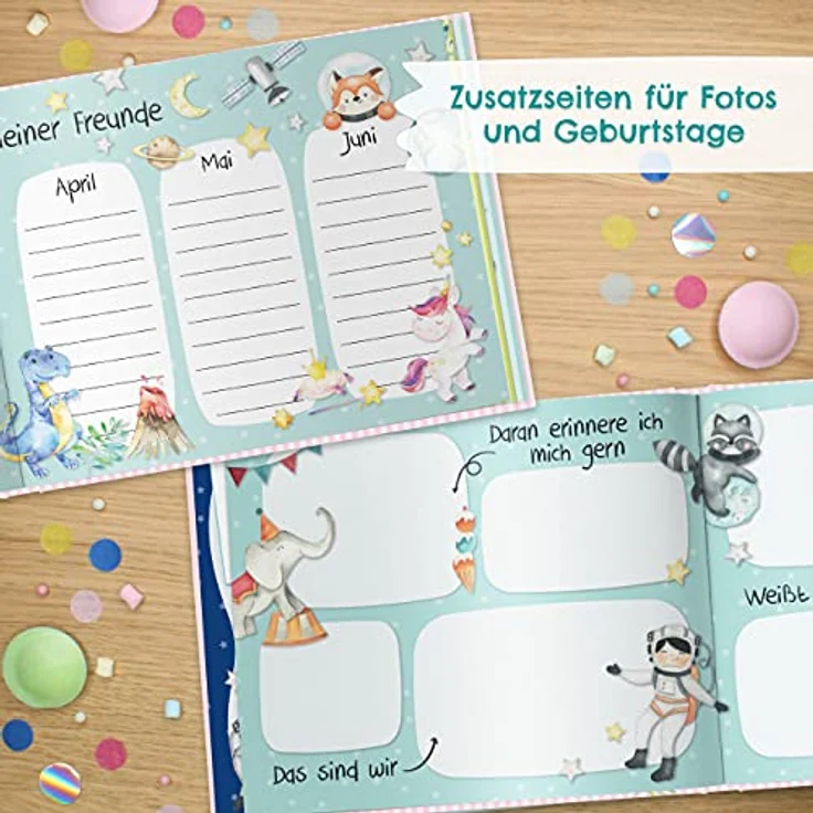 Papierdrachen Hochwertiges Freundebuch für Kinder - Kindergartenfreunde - Rosa - Poesiealbum mit Meerjungfrau, Prinzessin & Dinos - für 27 Freunde - buntes kindgerechtes Design – Bild 6