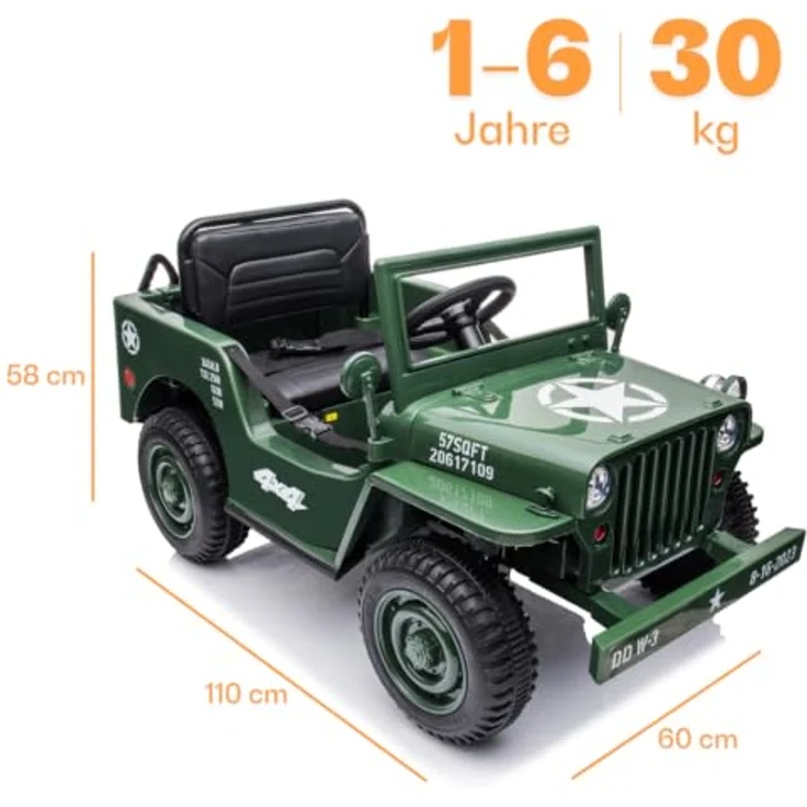 Kijana Willys Elektro-Armeeauto für Kinder 12V - Grün, mit 2 Motoren, Soft-Start-Funktion, MP3-Player und elterlicher Fernbedienung – Bild 9