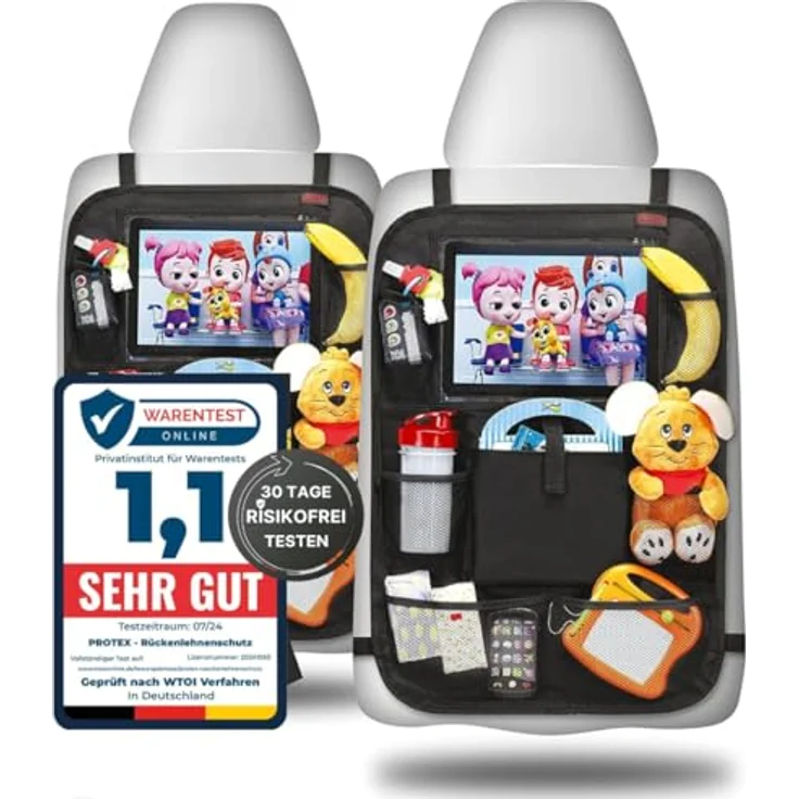 PROTEX© Rückenlehnenschutz Organizer, Auto Rücksitz Organizer mit 12 Zoll Tablet Fach, 2er Set schwarz, wasserabweisend, 8 Fächer, einfache Montage – Bild 1