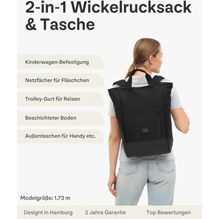 Johnny Urban Blair, Wickelrucksack & Wickeltasche für Kinderwagen, schwarz, 16 Liter Volumen, wasserabweisend, mit vielen Fächern & Flaschenhalter – Bild 2
