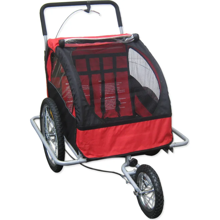 Bc-elec 5664-0001A 2 in 1 Kinderfahrradanänger - Anhänger/Buggy für 2 Kinder, rot und schwarz, 20 Zoll Aluminiumräder, 5-Punkt Sicherheitsgurt, faltbar und wasserdicht