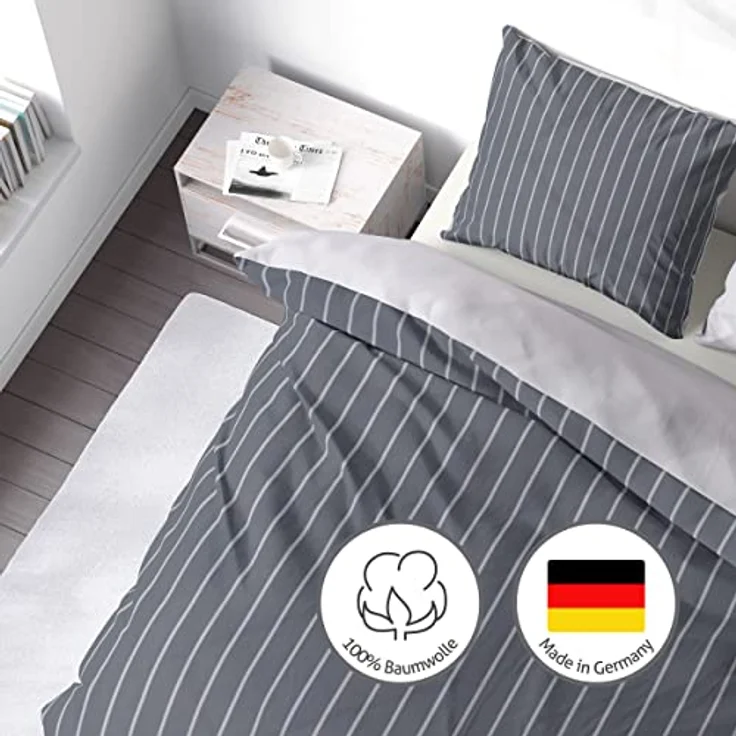 LINKHOFF Biber Bettwäsche 135x200 2tlg. - Wendebettwäsche-Set Grau Anthrazit Unifarben Gestreift - 100% Baumwolle - 1x Bettbezug 135x200 + 1x Kissenbezug 80x80 – Bild 3