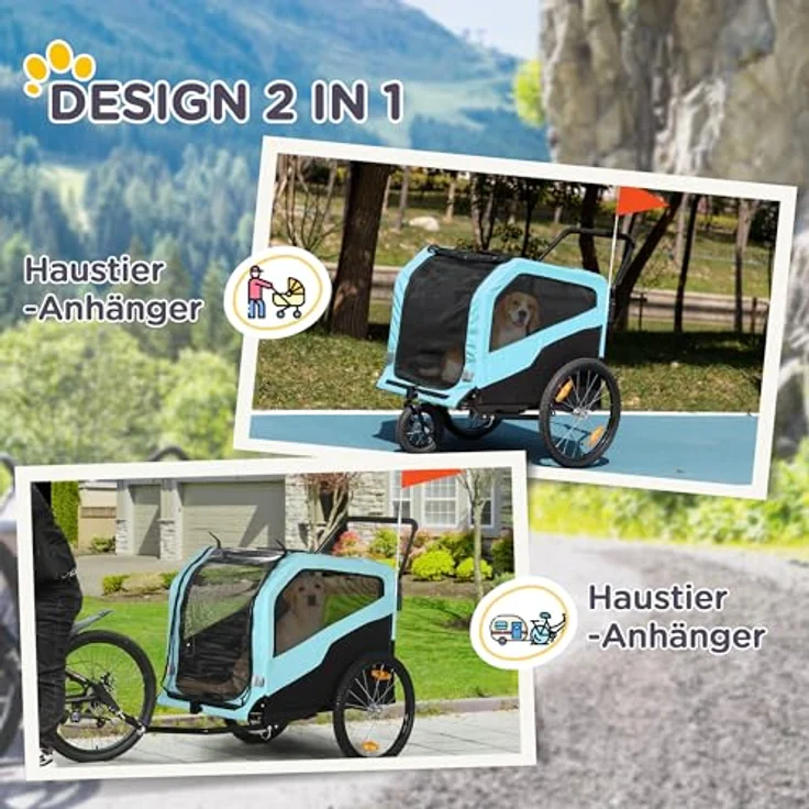 PawHut Fahrradhundeanhänger 2-in-1 Hundeanhänger, Hundebuggy, max. 30 kg, Hellblau, mit Reflektoren – Bild 3