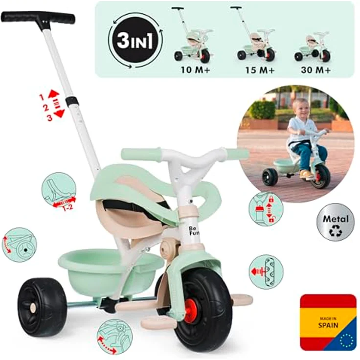 Smoby Be Fun Komfort, Mitwachsendes Dreirad für Kinder ab 10 Monaten, Grün, Schubstange mit Einkaufsbeutel – Bild 2