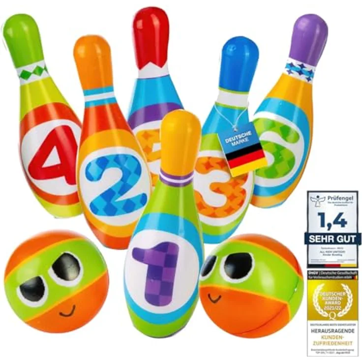 all Kids United® Kegelspiel für Kinder Bowling-Set XXL mit 6 weichen PU Kegeln und 2 Bällen; Pädagogisches Lern-Spielzeug für Drinnen & Draußen aus Schaumstoff (6er Set)