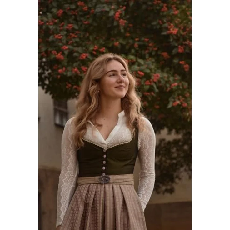 Edelnice Dirndl Adele, Midi Dirndl in Waldgrün und Pink mit femininem Schnitt – Bild 4