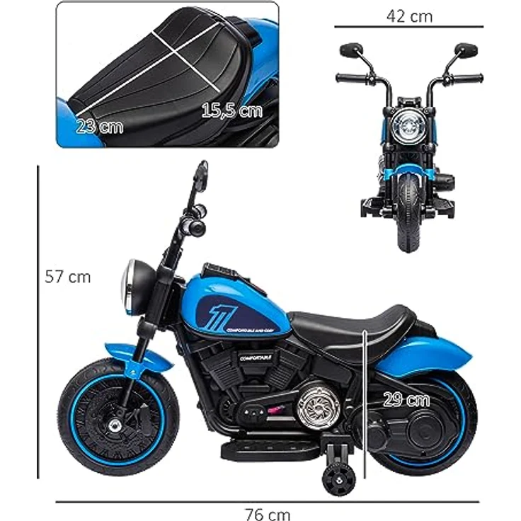 HOMCOM Elektro-Kindermotorrad Kinderfahrzeug mit 2 abnehmbaren Stützrädern Blau, Belastbarkeit 25 kg, 76L x 42B x 57H cm - Preisvergleich – Bild 5