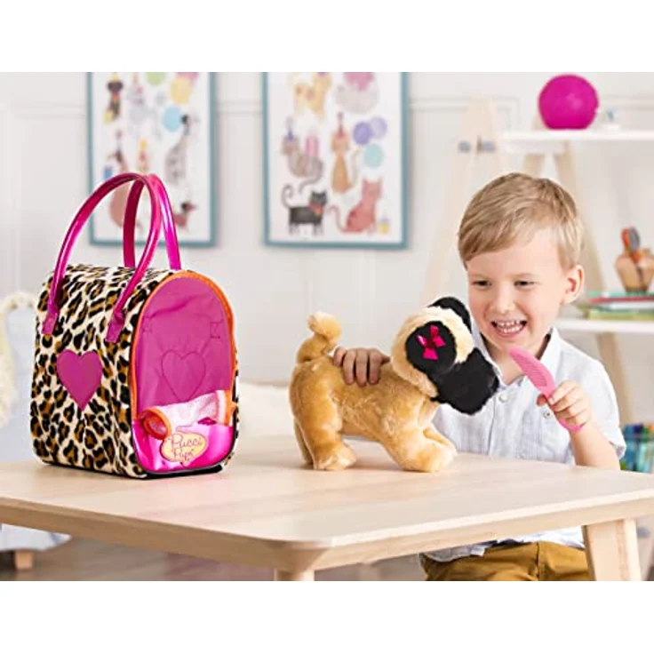 Pucci Pups Mops Kuscheltier Hund in Handtasche mit Zubehör – Plüschtier Welpe in Leopardenmuster Tasche – Spielzeug für Kinder ab 2 Jahre – Bild 3