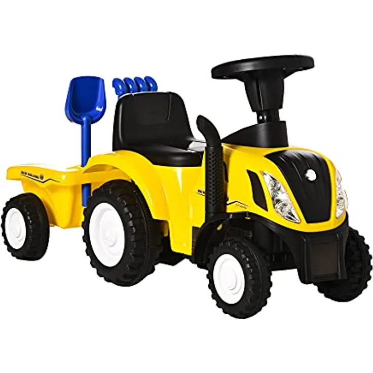 HOMCOM Kinder Rutschauto New Holland Rutscherfahrzeug Gelb mit Hupe und Ladebox