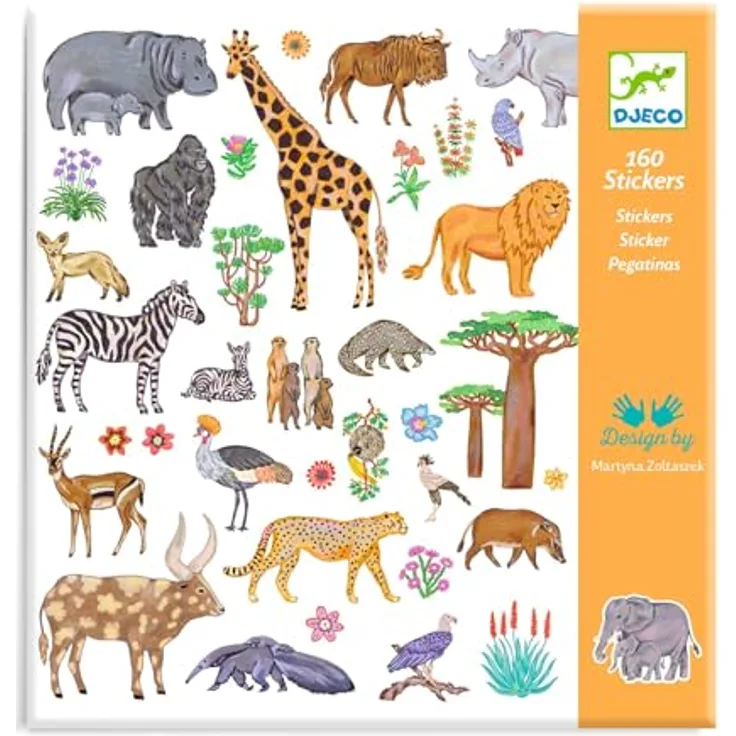DJECO Sticker Set Kenia, 160 Aufkleber mit afrikanischen Safar Tieren, detailgetreu und wiederverwendbar