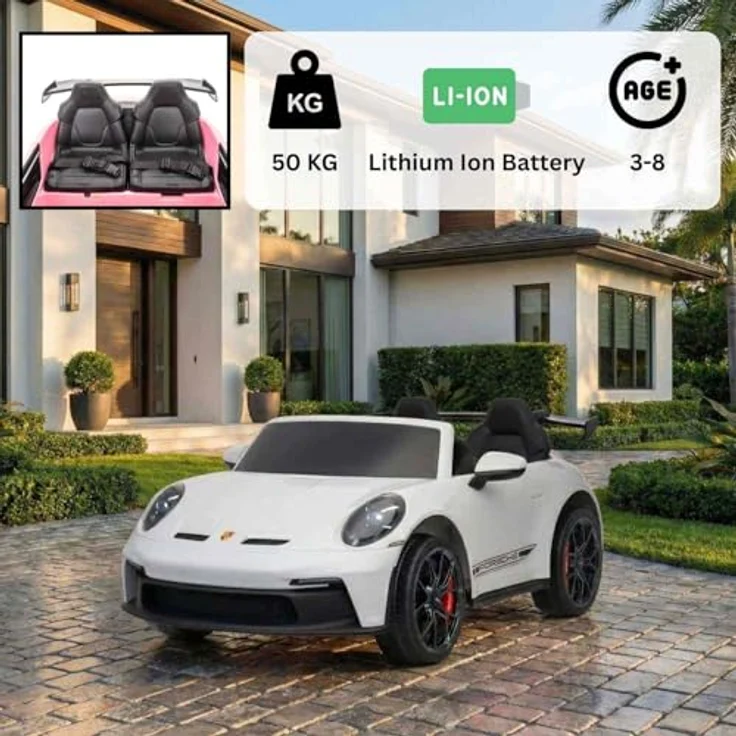 Beneo Motors Elektrisches Kinderauto Porsche 911 GT3, 24V mit 4x4-Antrieb, zwei Sitzen, 2,4-GHz-Fernbedienung, USB/AUX-Eingang, 200W-Motoren, Federung, Lithium-Batterie, LED-Leuchten, weiß – Bild 5