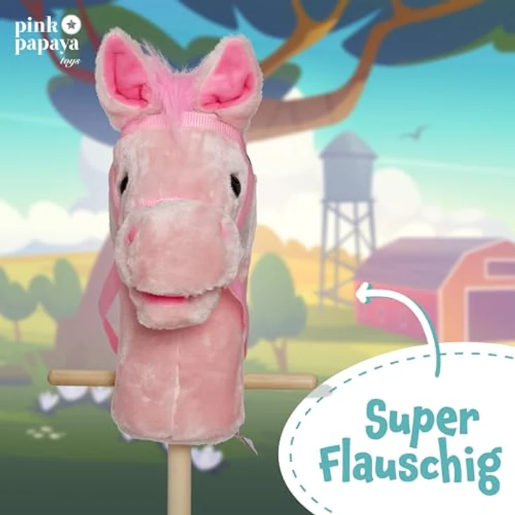 Pink Papaya Steckenpferd Sparkles, süßes Stoffspielzeug mit Soundfunktion – Gewieher und Galoppgeräusch, 65 cm mit Haltegriffen und Holzlaufrollen – Bild 5