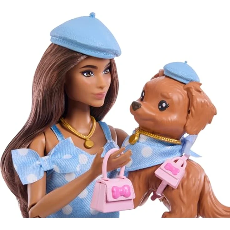 Barbie Twinning Looks JFP38, Puppe mit Hündchen im blauen Pünktchen-Outfit, mit Baskenmützen, Halsketten und Handtaschen, brünett – Bild 4
