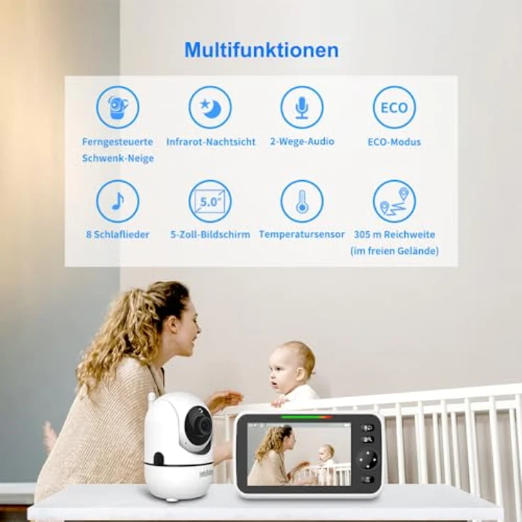 HelloBaby Video-Babyphone HB65, 5 Zoll geteilter Bildschirm, kabelgebundene Kamera, Pan-Tilt-Zoom, Nachtsicht, 2-Wege-Audio, 8 Schlaflieder, 3500 mAh – Bild 3