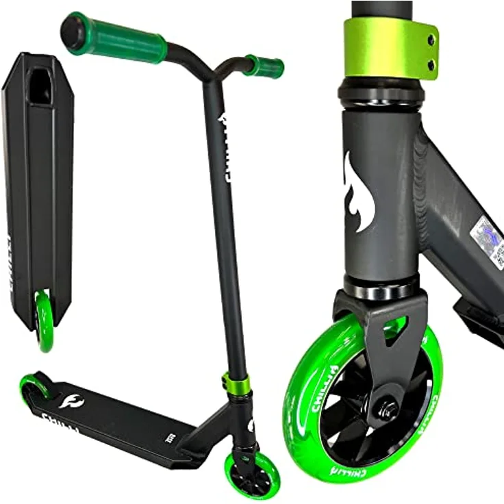Chilli Pro Base Stunt-Scooter Park-Trick-Tret-Roller + Fantic26 Griptape (Base S H=79cm Schwarz/Grün)