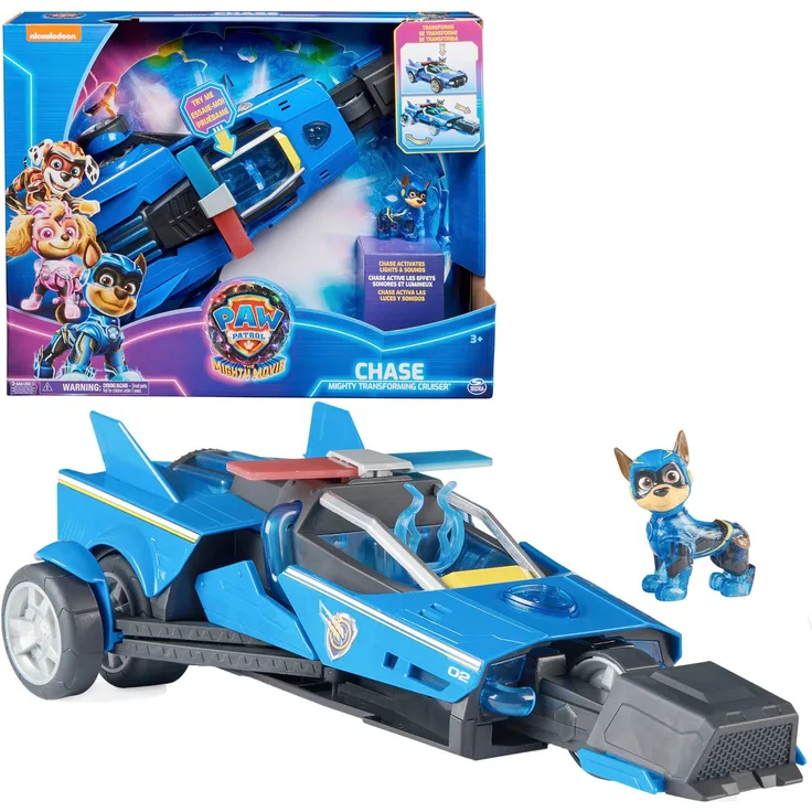 Spin Master Paw Patrol Deluxe Raketen-Fahrzeug mit Chase Figur, Film-inspiriertes Spielzeugauto mit spannender Fahrzeugverwandlung und Musik, blau