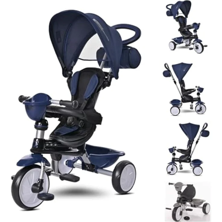Lorelli Tricycle One 3 in 1, Dreirad mit EVA-Reifen, Schiebestange, Anti-Rutsch Pedalen und faltbarem Sonnendach, Farbe: dunkelblau – Bild 1