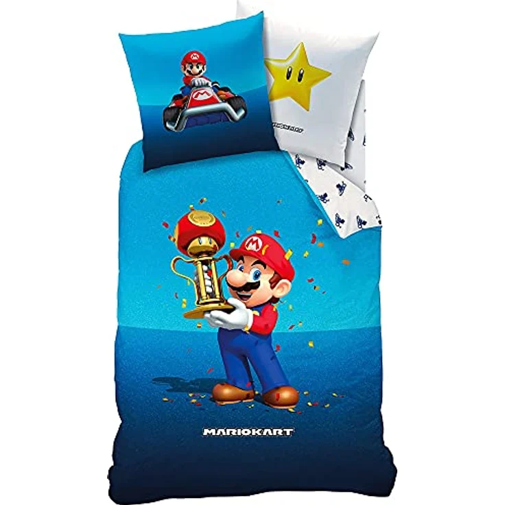 BERONAGE Super Mario Kart Kinder-Bettwäsche Champion Trophy 135x200 + 80x80 cm 100% Baumwolle Renforce Luigi Peach Bowser Yoshi Kugelwilli Buu Huu Rakete Stern Blauer Panzer deutsche Größe Reißverschluss, Nintendo Bettwäsche für Kinderzimmer, Oeko-Tex Standard 100 geprüft, bunt – Bild 3